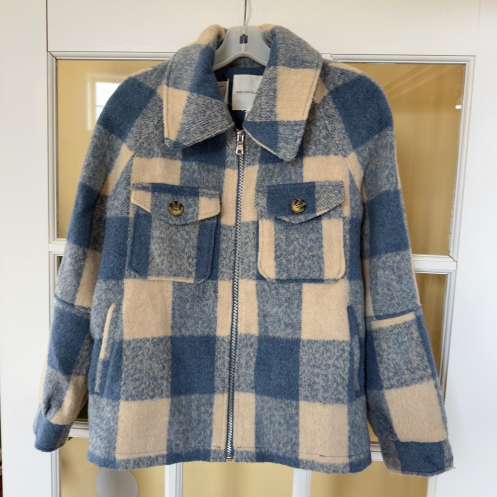 Anthropologie Avec Les Filles Blue Plaid Zip Front Buffalo Check Shacket Size L - Picture 2 of 8